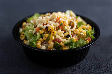 Mexican Corn Salad with Cheese and Fresh Vegetables in Black Serving Bowl — Healthy Food Style