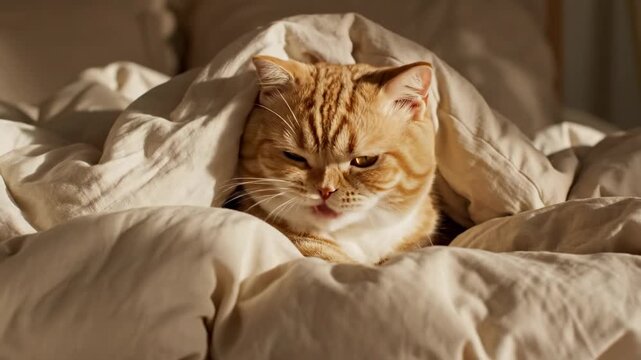 Cozy Cat Napping Under Blanket in Bed.