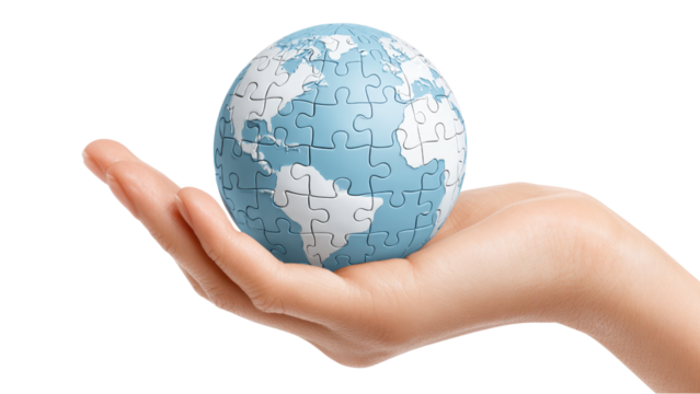 Global Puzzle: World Map on Palm, Connection and Solution