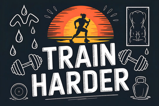 Train Harder – Motivational Fitness Silhouette with Workout Icons and Sunset Background, fitness doodles.