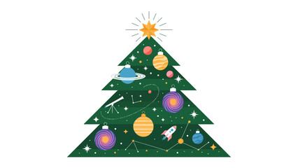 Celestial Christmas Tree: A festive Christmas tree adorned with astronomical ornaments, each representing a facet of the cosmos, from planets to constellations, sparking curiosity about the universe