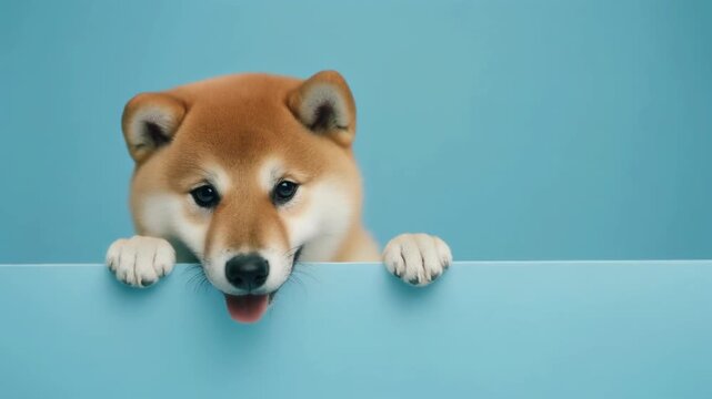 Happy shiba inu puppy peers over a blue wall, looking content with its tongue slightly out.