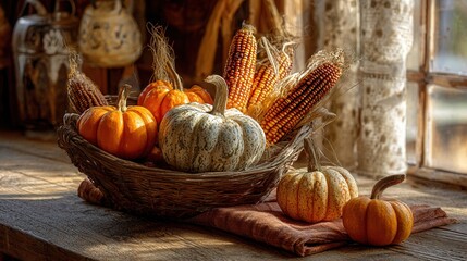 Basket of pumpkins and corn on a rustic table celebrating autumn harvest, warm natural sunlight, cozy farmhouse setting, detailed textures on pumpkins and corn, inviting and festive composition