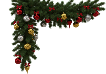 Lush christmas garland with emerald pine boughs, reflective gold, silver, and crimson baubles, and velvet red bows, dramatically suspended on a transparent background. Luxury seasonal decor concept