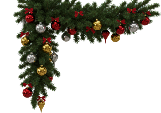 Lush christmas garland with emerald pine boughs, reflective gold, silver, and crimson baubles, and velvet red bows, dramatically suspended on a transparent background. Luxury seasonal decor concept - Powered by Adobe