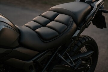 Naklejka premium Raindrops glisten on the comfortable padded seat of a modern motorcycle
