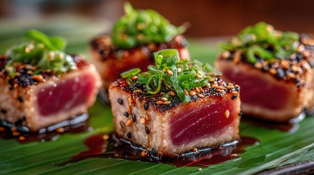 Close-up of seared tuna tataki topped with sesame seeds, scallions, and glaze on a green leaf, showcasing gourmet Japanese cuisine, vibrant colors, realistic textures
