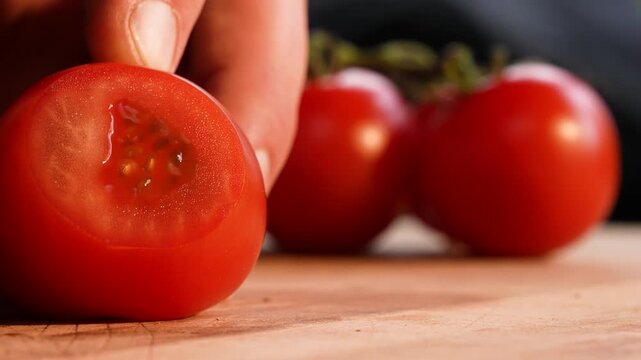 Landscape slow-motion close-up of a tomato being finely shaved into ultra-thin slices using a sharp knife. The gentle blade movement reveals the soft texture and precision of the cut.