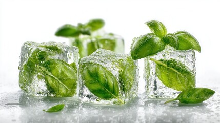 Obraz premium Fresh green basil leaves frozen in ice cubes with water droplets, representing freshness, flavor, and natural cooling, macro photography, ultra-detailed texture, crystal-clear ice