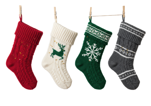 Four detailed, chunky woolen christmas stockings (red, green, white, gray) hanging on a jute line against a transparent backdrop with copy space, high-key studio photo. Concept of cozy tradition