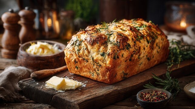 Golden loaf of freshly baked bread with herbs and butter on rustic wooden board, warm and appetizing atmosphere, rich texture, cozy kitchen mood, soft natural light