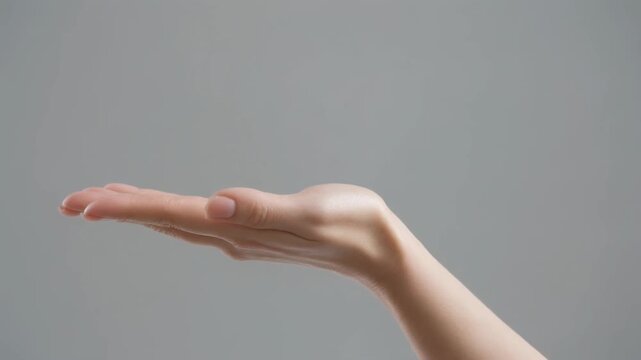 Woman's hand extended palm up against a neutral gray background offering or receiving something, presentation, display, or generosity