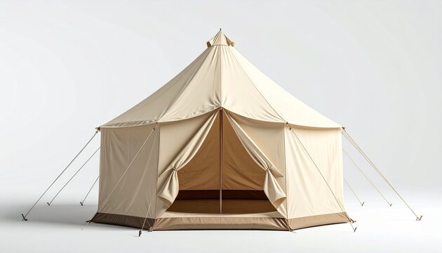 "Beige canvas camping tent with open flap and guy lines on white background."