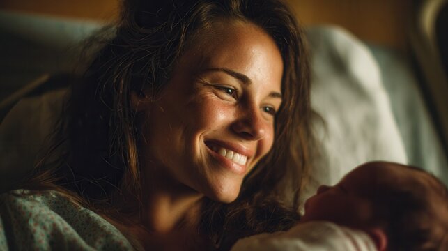 Smiling mother in a hospital bed holding her newborn baby in a tender moment, warm soft lighting, realistic textures, intimate and heartwarming atmosphere