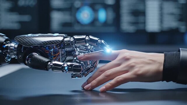 The profound interface of human touch and advanced robotics, symbolizing the future of artificial intelligence, innovation, and collaborative technological progress
