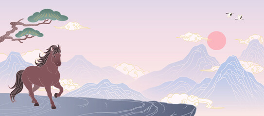 2026 Korean New Year Greeting with Galloping Horse and Traditional Landscape