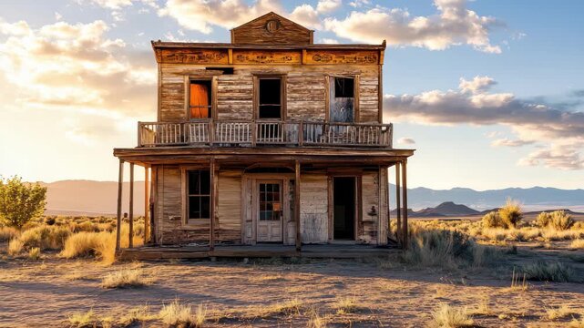 Camera captures movement in front of an old, abandoned building in a serene desert landscape at sunset, A camera moving in front of an old, dirty, and disused prison cell