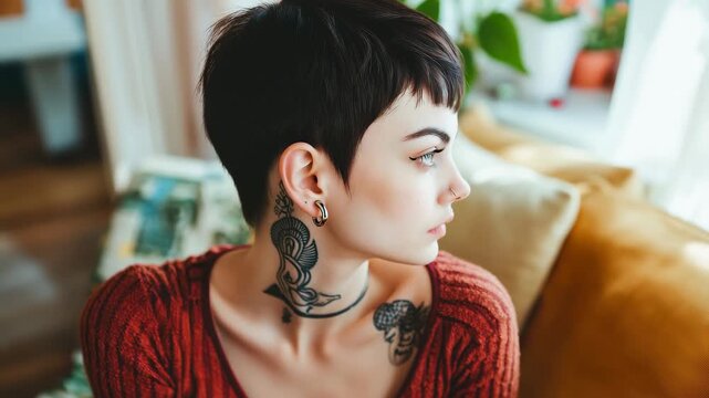 Woman with piercings and short hair looking embarrassed in a cozy indoor setting during daytime, Embarrassing woman with piercings and short hairstyle looking at camera at home