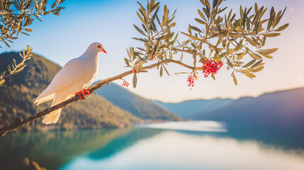 infamy. White dove perched on olive branch against calm lake at dawn. wildlife magazines, conservation campaigns, designed for wildlife conservation campaigns, used by retail merchandisers.
