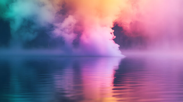Mystical waterscape with vibrant ethereal smoke creating dreamy atmosphere, perfect for fantasy art, creative designs, or evocative backgrounds for your project