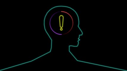Neon human head silhouette with exclamation mark inside brain, symbolizing time management, pressure, deadlines, and critical thinking on black background.