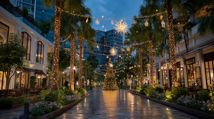 Evening Festive Street: Illuminated decorations adorn a charming street scene at dusk, with lush palm trees adding tropical flair to the holiday ambiance. Dazzling lights twinkle.