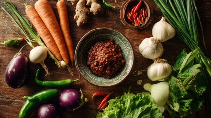 Fresh Organic Vegetables and Spices Arranged on Wooden Table with Bowl of Spicy Chili Paste Surrounded by Colorful Produce and Herbs