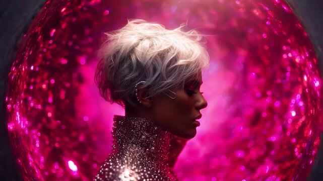 A mesmerizing exploration of beauty and self-expression, featuring a close-up profile of a stylish individual amidst a vibrant, sparkling pink backdrop that captivates the viewer.
