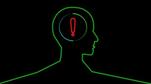 Neon human head silhouette with exclamation mark inside brain, symbolizing time management, pressure, deadlines, and critical thinking on black background.