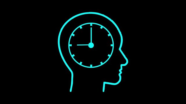 Neon human head silhouette with clock inside brain. Time management, pressure, deadlines, and thinking concept on black background.