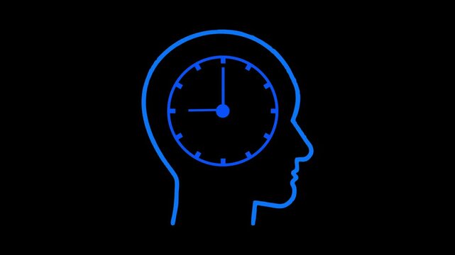 Neon human head silhouette with clock inside brain. Time management, pressure, deadlines, and thinking concept on black background.