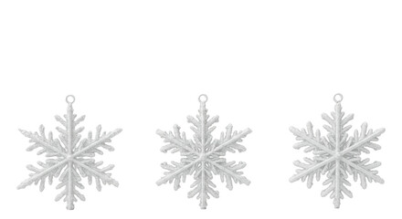 three ornate, translucent white crystalline snowflake decorations perfectly aligned in a horizontal row, macro close-up against a transparent background with copy space. concept of elegant winter