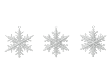 three ornate, translucent white crystalline snowflake decorations perfectly aligned in a horizontal row, macro close-up against a transparent background with copy space. concept of elegant winter