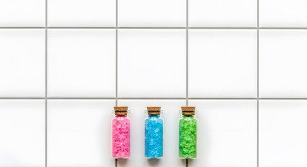 Three colorful toothbrushes on white tiled background for dental hygiene