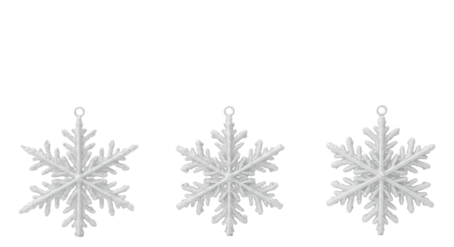 three ornate, translucent white crystalline snowflake decorations perfectly aligned in a horizontal row, macro close-up against a transparent background with copy space. concept of elegant winter