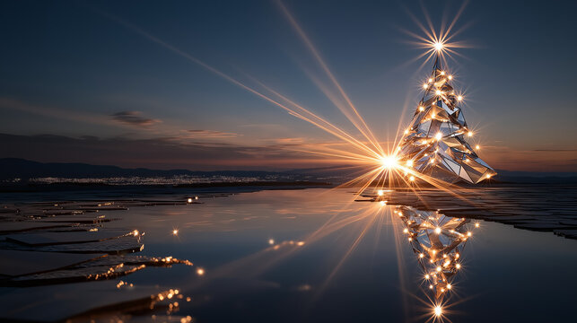 Illuminated Christmas Tree: A radiant Christmas tree, adorned with twinkling lights and a star, stands against a twilight sky with a serene water reflection.