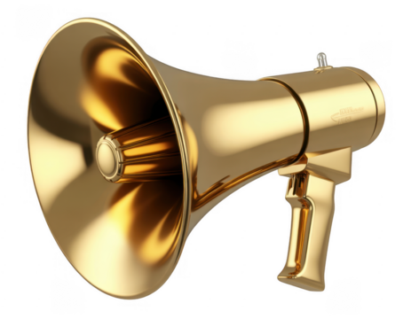 Shiny golden megaphone with detailed ribbed cone and handle isolated on a transparent background