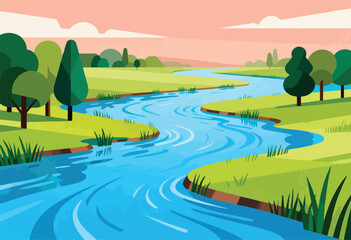 A flat, stylized landscape showcases a winding blue river, surrounded by green grass, trees and a pinkish sky