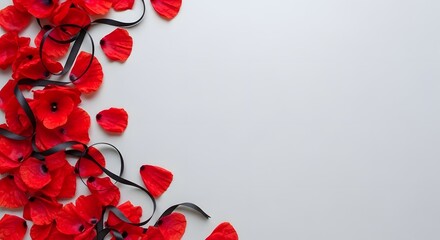 Red rose petals and black ribbon border on a white background for romance
