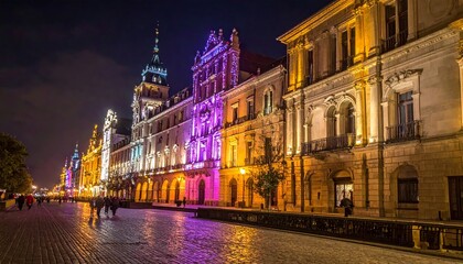 Fototapeta premium Gothic architecture of Gdańsk Old Town Hall and tower with night view of the historic Polish city