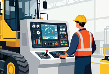 An illustration of a worker in safety gear operating heavy machinery with a control panel and monitor