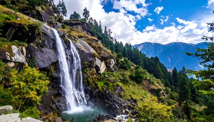 Majestic Waterfall Cascading Down Lush Green Mountainside in Himachal Pradesh.