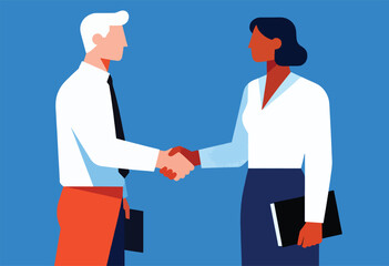 Fototapeta premium A graphic shows a handshake between two figures, one with white hair, the other dark hair. Blue background