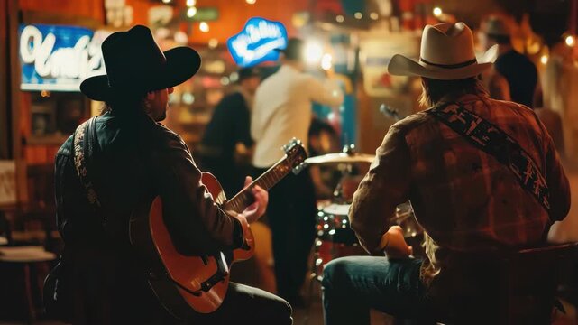 Country band performs live music in a lively honky tonk bar setting with colorful lights, Band plays country music in honky tonk bar Back view Drummer and guitarist - Powered by Adobe