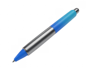 Silver and blue ballpoint pen with metallic sheen and gradient grip isolated on a transparent background
