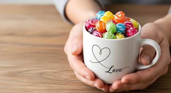 Hands holding mug overflowing with colorful candy on a wooden table