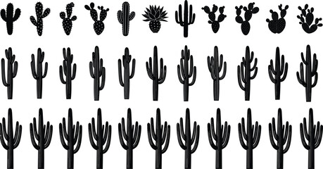 Extensive Vector Set of Black Cactus Silhouettes Succulents and Desert Flora Icons Representing Southwest, Mexico, Western, Drought, and Botanical Design.