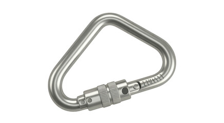 Silver metal carabiner with screw lock mechanism and textured grip isolated on a transparent background