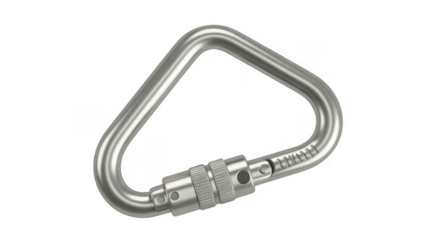 Silver metal carabiner with screw lock mechanism and textured grip isolated on a transparent background