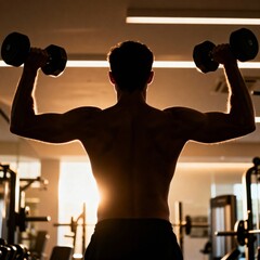 An aesthetic silhouette of a men lifting dumbbells inside a modern gym, captured with warm lighting and soft cinematic glow.